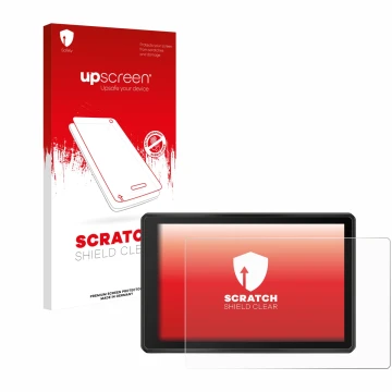 Parte frontal de un envase de producto con el logotipo de la marca upscreen. Al lado se muestra el dispositivo Garmin Tread 2 