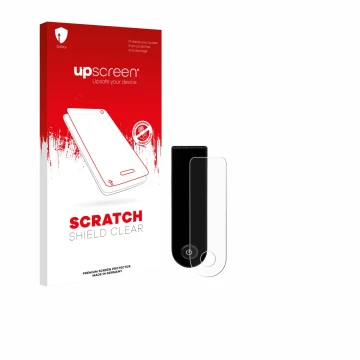 Parte frontal de un envase de producto con el logotipo de la marca upscreen. Al lado se muestra el dispositivo Xiaomi Electric