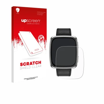 Parte frontal de un envase de producto con el logotipo de la marca upscreen. Al lado se muestra el dispositivo Amazfit Active 