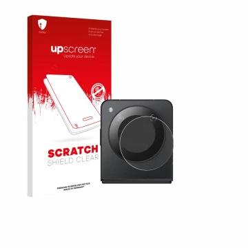 Parte frontal de un envase de producto con el logotipo de la marca upscreen. Al lado se muestra el dispositivo Nubia Flip 5G (