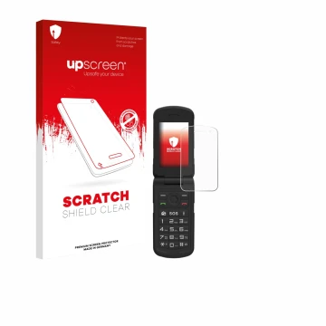 Parte frontal de un envase de producto con el logotipo de la marca upscreen. Al lado se muestra el dispositivo AGM M10 con su 