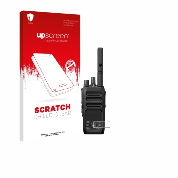 Parte frontal de un envase de producto con el logotipo de la marca upscreen. Al lado se muestra el dispositivo Motorola MOTOTR