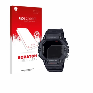 Parte frontal de un envase de producto con el logotipo de la marca upscreen. Al lado se muestra el dispositivo Casio AE-1600H 