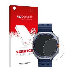 Parte frontal de un envase de producto con el logotipo de la marca upscreen. Al lado se muestra el dispositivo Samsung Galaxy 