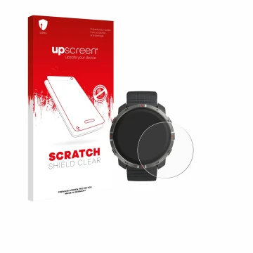 Parte frontal de un envase de producto con el logotipo de la marca upscreen. Al lado se muestra el dispositivo Polar Grit X2 c