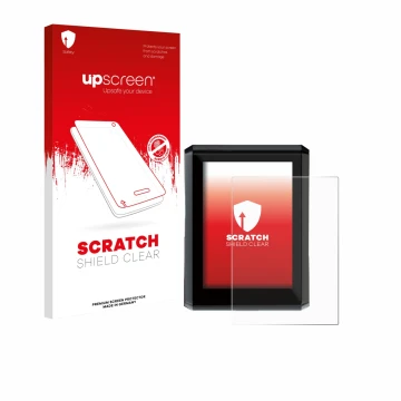 Parte frontal de un envase de producto con el logotipo de la marca upscreen. Al lado se muestra el dispositivo Shimano SC-EN61