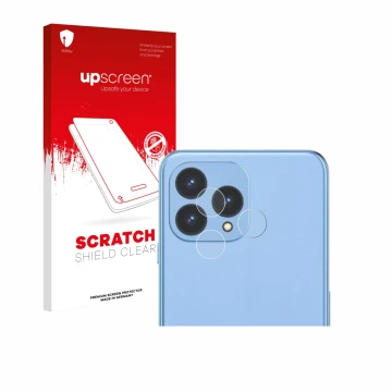 Parte frontal de un envase de producto con el logotipo de la marca upscreen. Al lado se muestra el dispositivo Cubot P80 (SÓLO