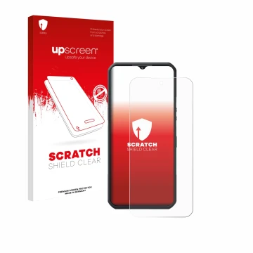 Parte frontal de un envase de producto con el logotipo de la marca upscreen. Al lado se muestra el dispositivo Oukitel WP55 Pr