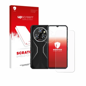 Parte frontal de un envase de producto con el logotipo de la marca upscreen. Al lado se muestra el dispositivo Oukitel WP55 Pr
