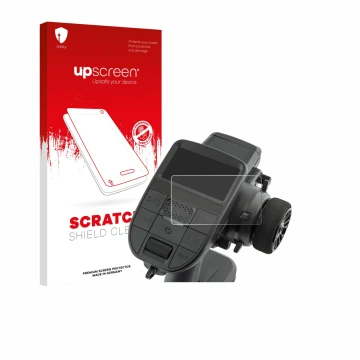 Parte frontal de un envase de producto con el logotipo de la marca upscreen. Al lado se muestra el dispositivo Radiomaster MT1