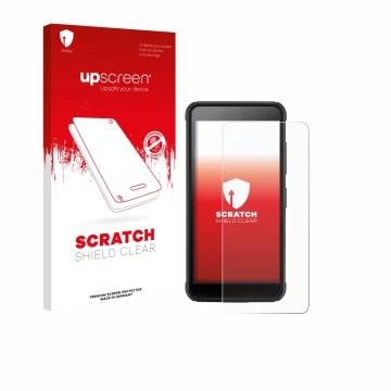 Parte frontal de un envase de producto con el logotipo de la marca upscreen. Al lado se muestra el dispositivo SkyCaddie Pro 4