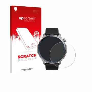 Parte frontal de un envase de producto con el logotipo de la marca upscreen. Al lado se muestra el dispositivo Huami Amazfit B