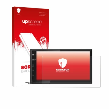 Parte frontal de un envase de producto con el logotipo de la marca upscreen. Al lado se muestra el dispositivo Kenwood DMX6523