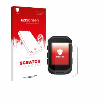 Parte frontal de un envase de producto con el logotipo de la marca upscreen. Al lado se muestra el dispositivo Garmin Edge MTB