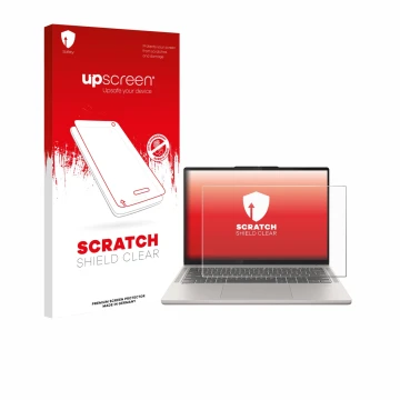 Parte frontal de un envase de producto con el logotipo de la marca upscreen. Al lado se muestra el dispositivo Lenovo Chromebo