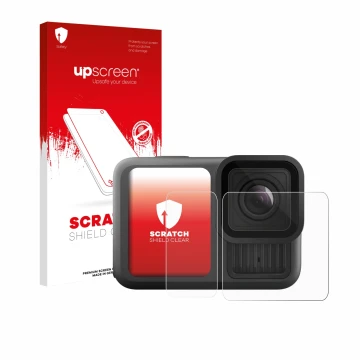 Parte frontal de un envase de producto con el logotipo de la marca upscreen. Al lado se muestra el dispositivo GoPro Hero 13 B