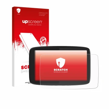 Parte frontal de un envase de producto con el logotipo de la marca upscreen. Al lado se muestra el dispositivo TomTom GO Campe