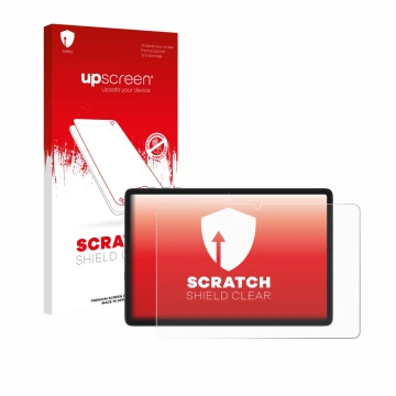 Parte frontal de un envase de producto con el logotipo de la marca upscreen. Al lado se muestra el dispositivo Tabwee T20 10.1