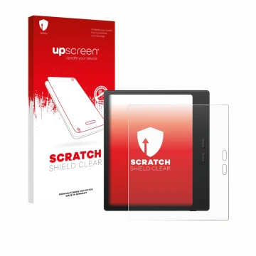 Parte frontal de un envase de producto con el logotipo de la marca upscreen. Al lado se muestra el dispositivo Boox Go Color 7