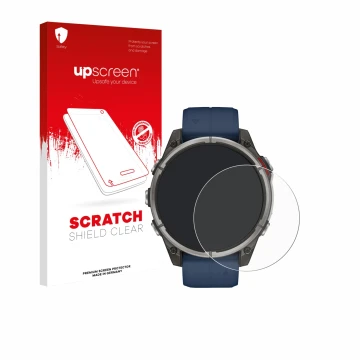 Parte frontal de un envase de producto con el logotipo de la marca upscreen. Al lado se muestra el dispositivo Garmin quatix 8
