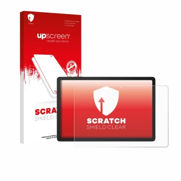 Parte frontal de un envase de producto con el logotipo de la marca upscreen. Al lado se muestra el dispositivo Doogee Tab G6 P