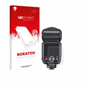 Parte frontal de un envase de producto con el logotipo de la marca upscreen. Al lado se muestra el dispositivo Godox V100 con 
