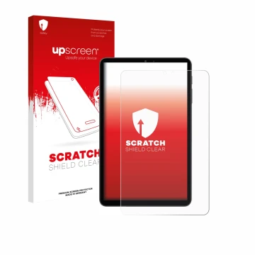 Parte frontal de un envase de producto con el logotipo de la marca upscreen. Al lado se muestra el dispositivo Alldocube iPlay