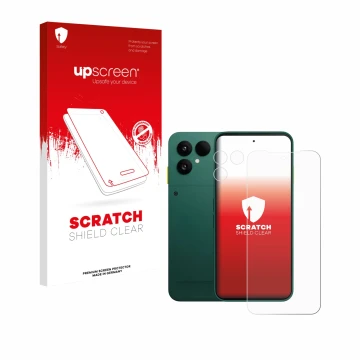 Parte frontal de un envase de producto con el logotipo de la marca upscreen. Al lado se muestra el dispositivo Fairphone 6 (Fr