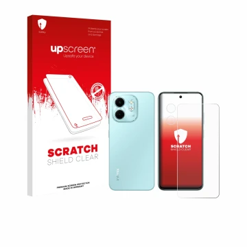 Parte frontal de un envase de producto con el logotipo de la marca upscreen. Al lado se muestra el dispositivo Infinix Smart 9