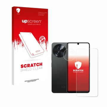 Parte frontal de un envase de producto con el logotipo de la marca upscreen. Al lado se muestra el dispositivo Doogee Note 59 