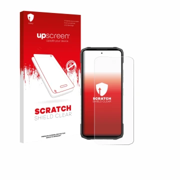 Parte frontal de un envase de producto con el logotipo de la marca upscreen. Al lado se muestra el dispositivo Doogee Blade 20
