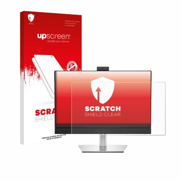 Parte frontal de un envase de producto con el logotipo de la marca upscreen. Al lado se muestra el dispositivo Dell Pro 24 All