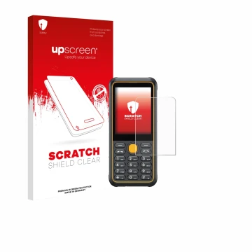 Parte frontal de un envase de producto con el logotipo de la marca upscreen. Al lado se muestra el dispositivo Ulefone Armor M