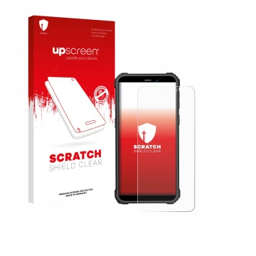 Parte frontal de un envase de producto con el logotipo de la marca upscreen. Al lado se muestra el dispositivo Oukitel WP32 Pr
