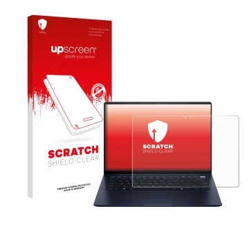 Parte frontal de un envase de producto con el logotipo de la marca upscreen. Al lado se muestra el dispositivo HP EliteBook Ul
