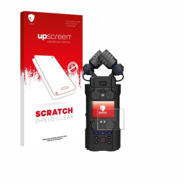 Parte frontal de un envase de producto con el logotipo de la marca upscreen. Al lado se muestra el dispositivo Zoom H5 Studio 
