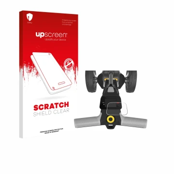Parte frontal de un envase de producto con el logotipo de la marca upscreen. Al lado se muestra el dispositivo PowaKaddy CT6 2