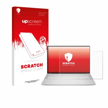 Parte frontal de un envase de producto con el logotipo de la marca upscreen. Al lado se muestra el dispositivo Dell 14 Premium