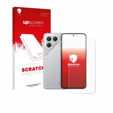 Parte frontal de un envase de producto con el logotipo de la marca upscreen. Al lado se muestra el dispositivo Tecno Pova 7 Pr