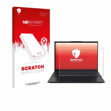 Parte frontal de un envase de producto con el logotipo de la marca upscreen. Al lado se muestra el dispositivo Lenovo ThinkPad