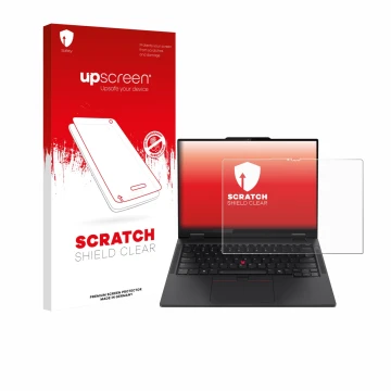 Parte frontal de un envase de producto con el logotipo de la marca upscreen. Al lado se muestra el dispositivo Lenovo ThinkPad