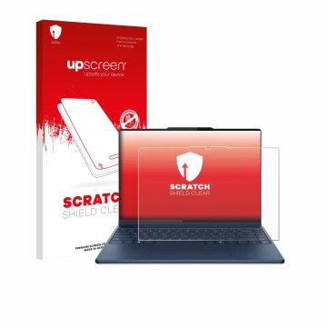 Parte frontal de un envase de producto con el logotipo de la marca upscreen. Al lado se muestra el dispositivo Lenovo Yoga Pro