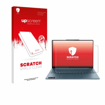 Parte frontal de un envase de producto con el logotipo de la marca upscreen. Al lado se muestra el dispositivo Lenovo Yoga Sli