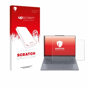 Parte frontal de un envase de producto con el logotipo de la marca upscreen. Al lado se muestra el dispositivo Lenovo ThinkBoo