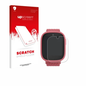 Parte frontal de un envase de producto con el logotipo de la marca upscreen. Al lado se muestra el dispositivo Xplora X6 Play 