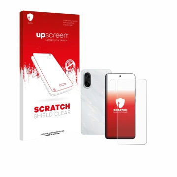 Parte frontal de un envase de producto con el logotipo de la marca upscreen. Al lado se muestra el dispositivo OnePlus Nord CE