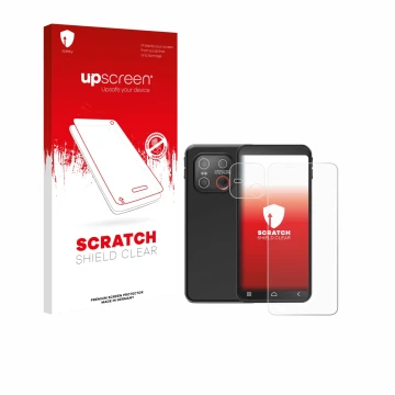 Parte frontal de un envase de producto con el logotipo de la marca upscreen. Al lado se muestra el dispositivo Emporia Smart M