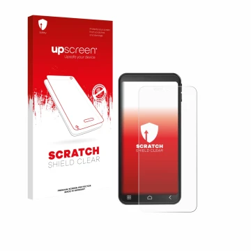 Parte frontal de un envase de producto con el logotipo de la marca upscreen. Al lado se muestra el dispositivo Emporia Smart 7