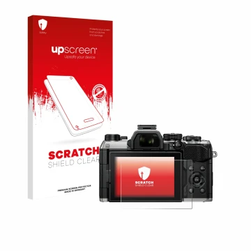 Parte frontal de un envase de producto con el logotipo de la marca upscreen. Al lado se muestra el dispositivo Olympus OM Syst