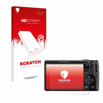 Parte frontal de un envase de producto con el logotipo de la marca upscreen. Al lado se muestra el dispositivo Ricoh GR IV 202